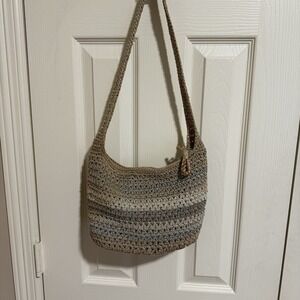 SAK Crochet Hobo Purse Woven Bag‎ Tan Shoulder Pockets Slouch Coastal Y2K